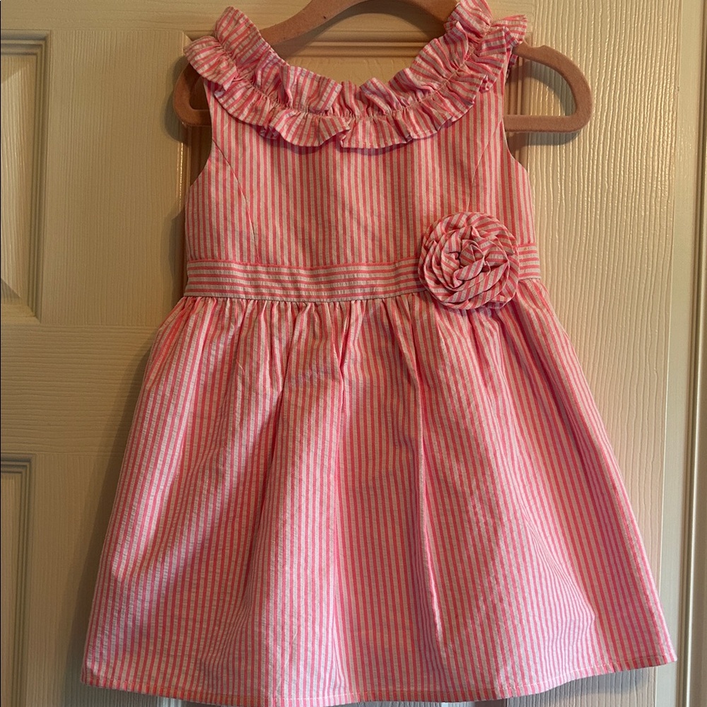 EUC Lilly Pulitzer pink Striped Ruffle Neck Girls' Dress with Rosette